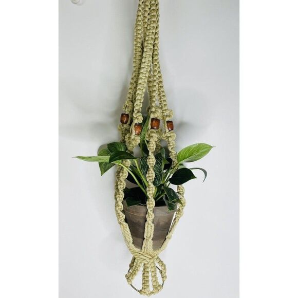 Macrame Plant Hanger Woven White Wood Beads 36" Long Vintage BOHO MCM - Picture 4 of 11